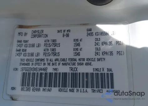 1999 Dodge Dakota Slt/Sport from USA, damaged, VIN 1B7GG22X3XS104402